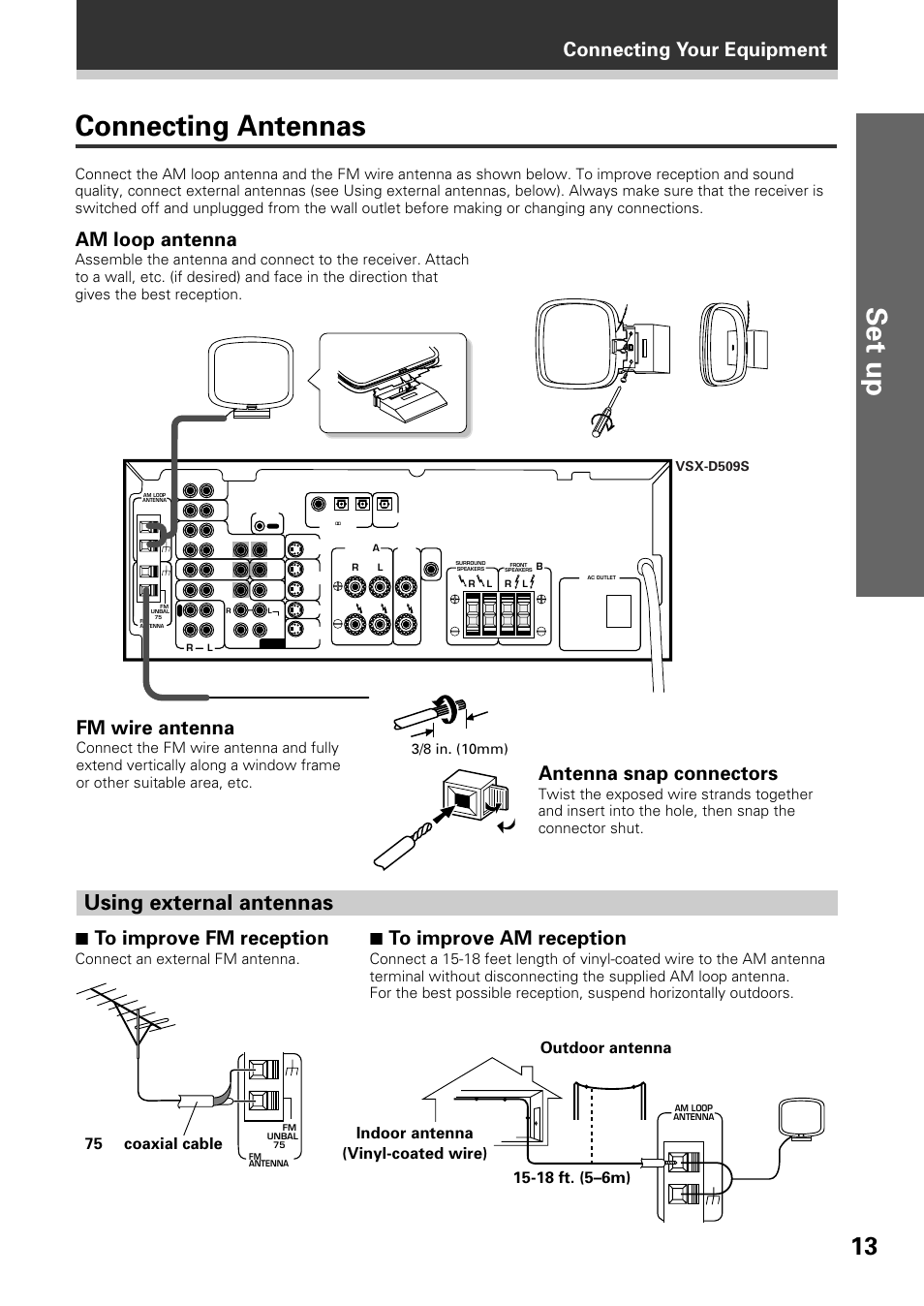 Connecting antennas, Set up, Using external antennas | Connecting your equipment, Fm wire antenna, 7 to improve fm reception, 7 to improve am reception, Am loop antenna, Antenna snap connectors, 75 ω coaxial cable | Pioneer VSX-D509S User Manual | Page 13 / 60