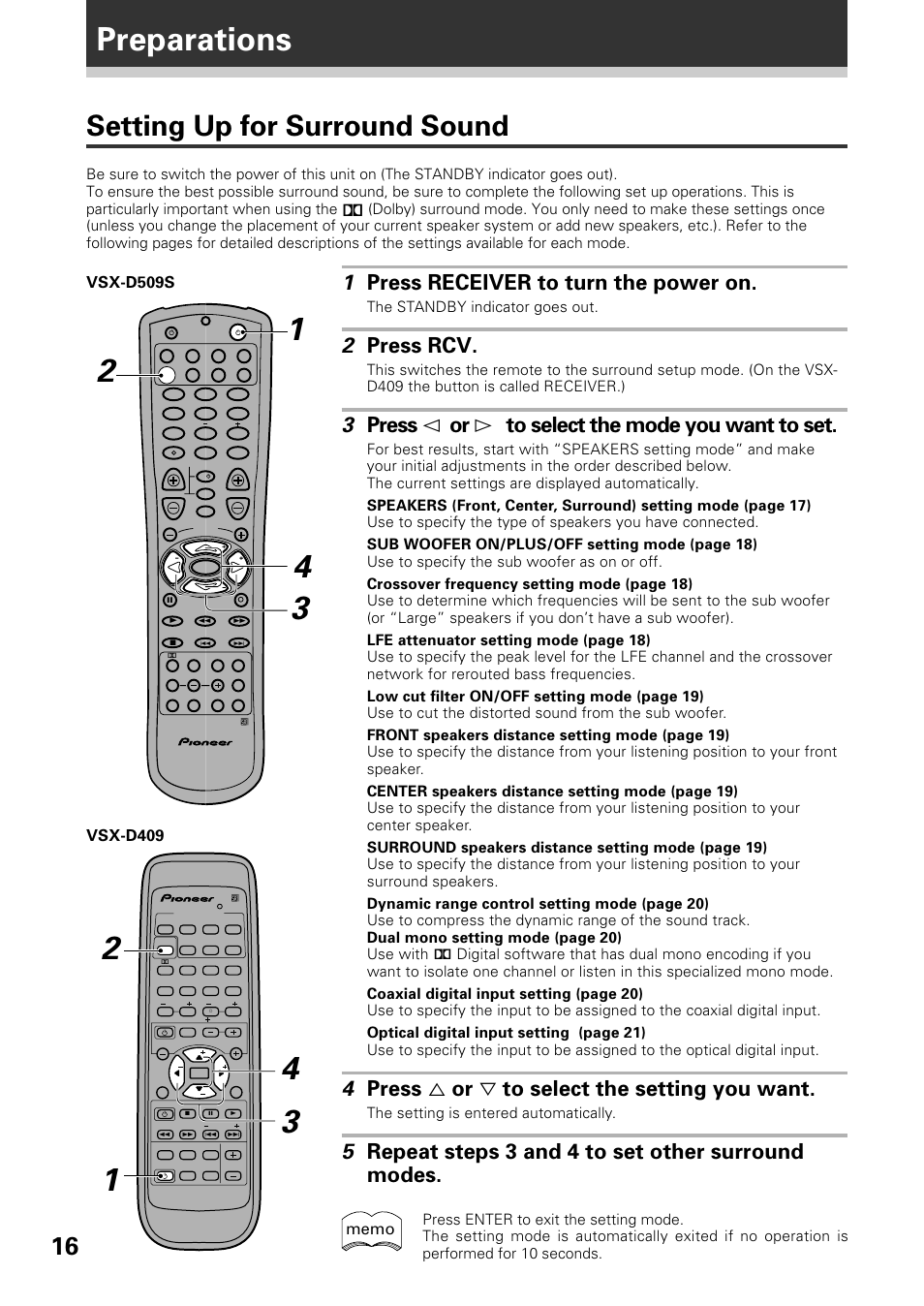 Preparations, Setting up for surround sound, 1 press receiver to turn the power on | 2 press rcv, 3 press @ or # to select the mode you want to set, 4 press % or fi to select the setting you want, 5 repeat steps 3 and 4 to set other surround modes, The standby indicator goes out, The setting is entered automatically | Pioneer VSX-D509S User Manual | Page 16 / 60