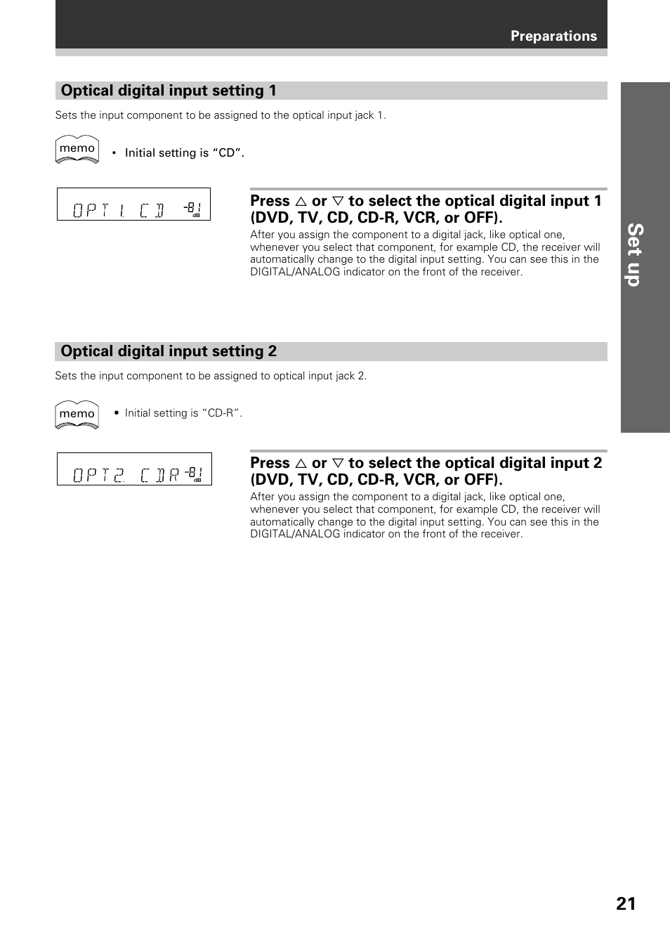 Set up, Optical digital input setting 2, Optical digital input setting 1 | Pioneer VSX-D509S User Manual | Page 21 / 60