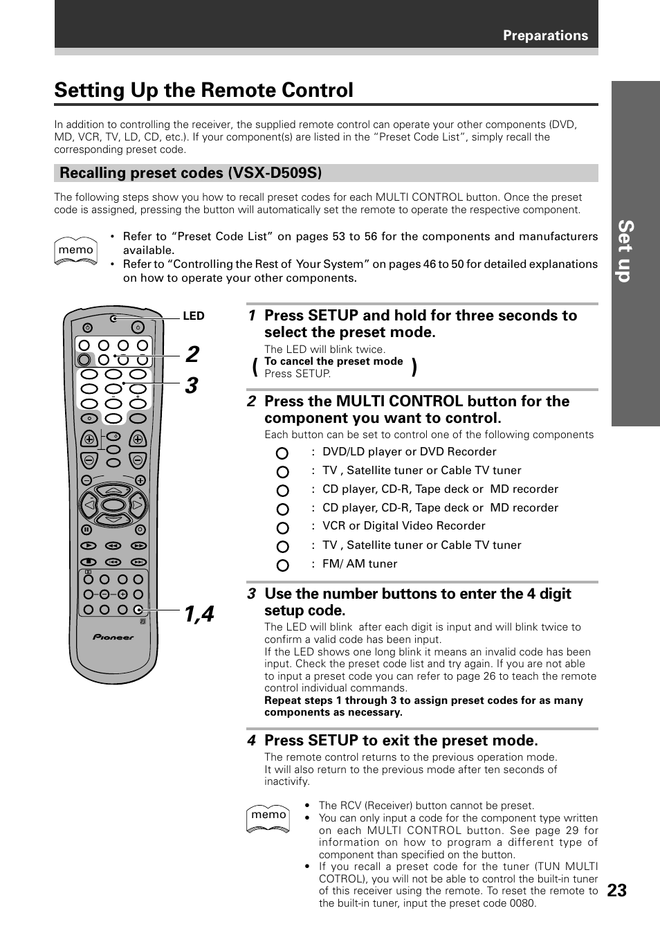 Setting up the remote control, Set up, 4 press setup to exit the preset mode | Recalling preset codes (vsx-d509s), Preparations, Dvd/ld player or dvd recorder, Tv , satellite tuner or cable tv tuner, Cd player, cd-r, tape deck or md recorder, Vcr or digital video recorder, Fm/ am tuner | Pioneer VSX-D509S User Manual | Page 23 / 60