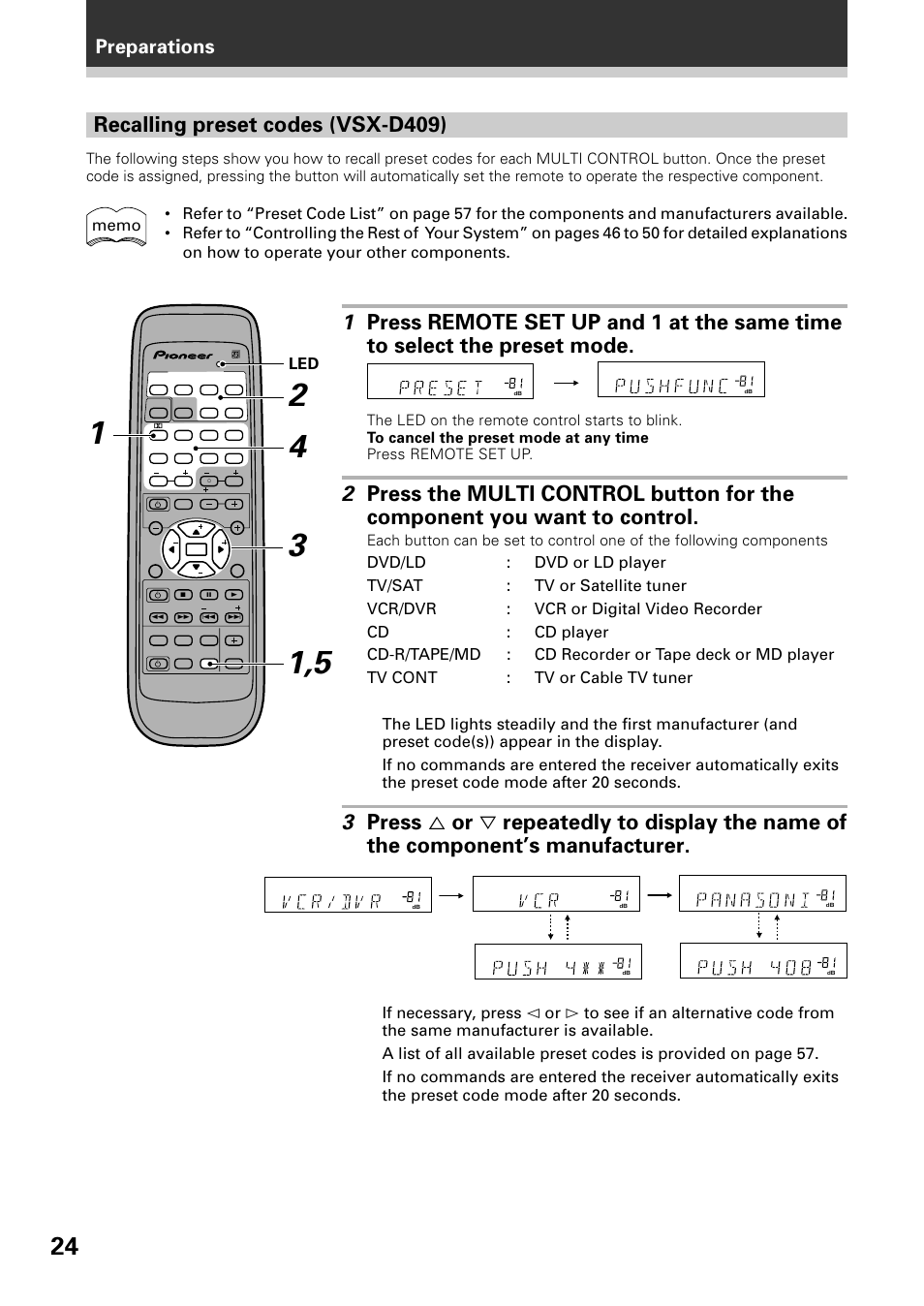 Recalling preset codes (vsx-d409), Preparations | Pioneer VSX-D509S User Manual | Page 24 / 60