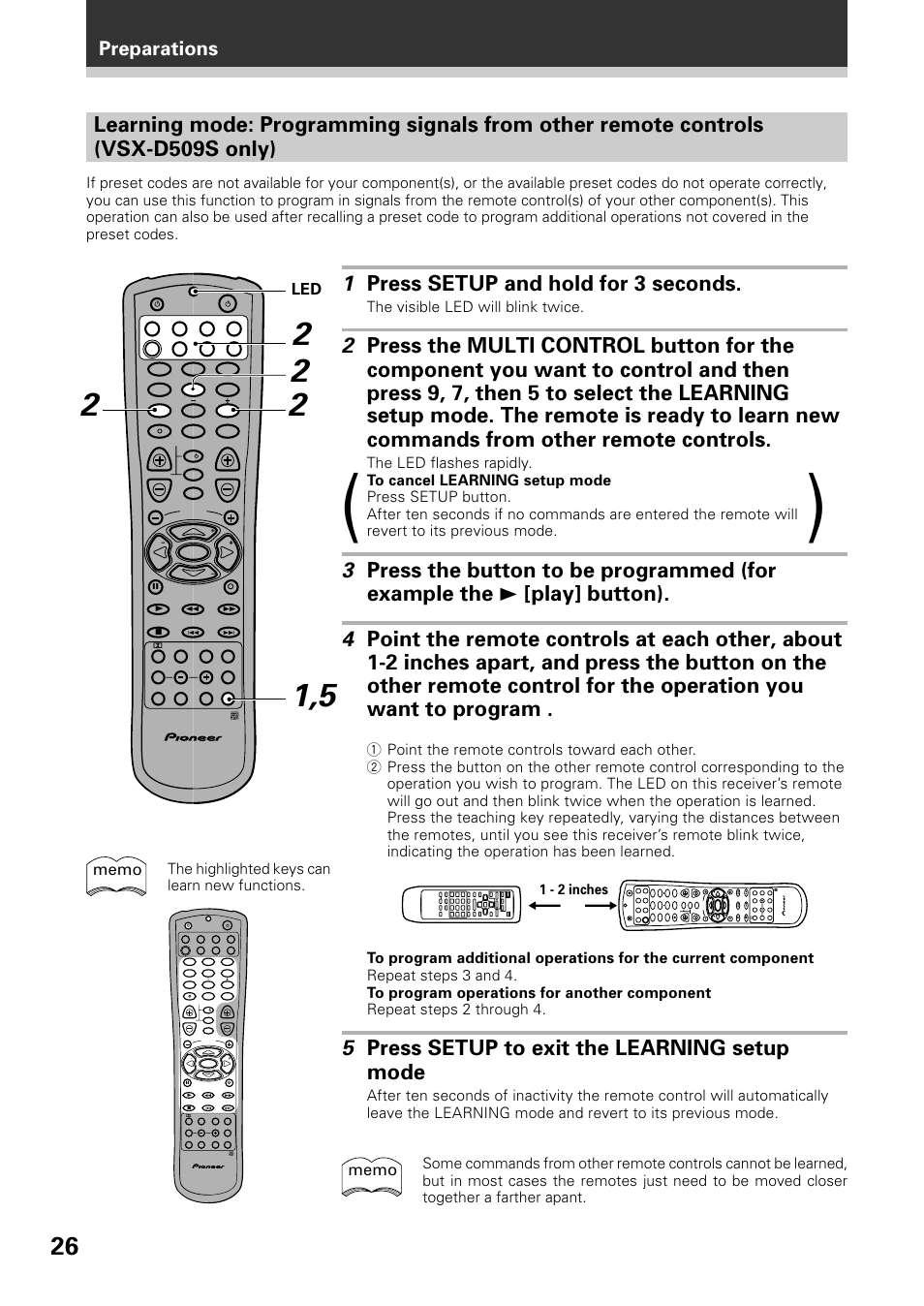 1 press setup and hold for 3 seconds, 5 press setup to exit the learning setup mode, Preparations | The visible led will blink twice, The highlighted keys can learn new functions, 1 - 2 inches | Pioneer VSX-D509S User Manual | Page 26 / 60