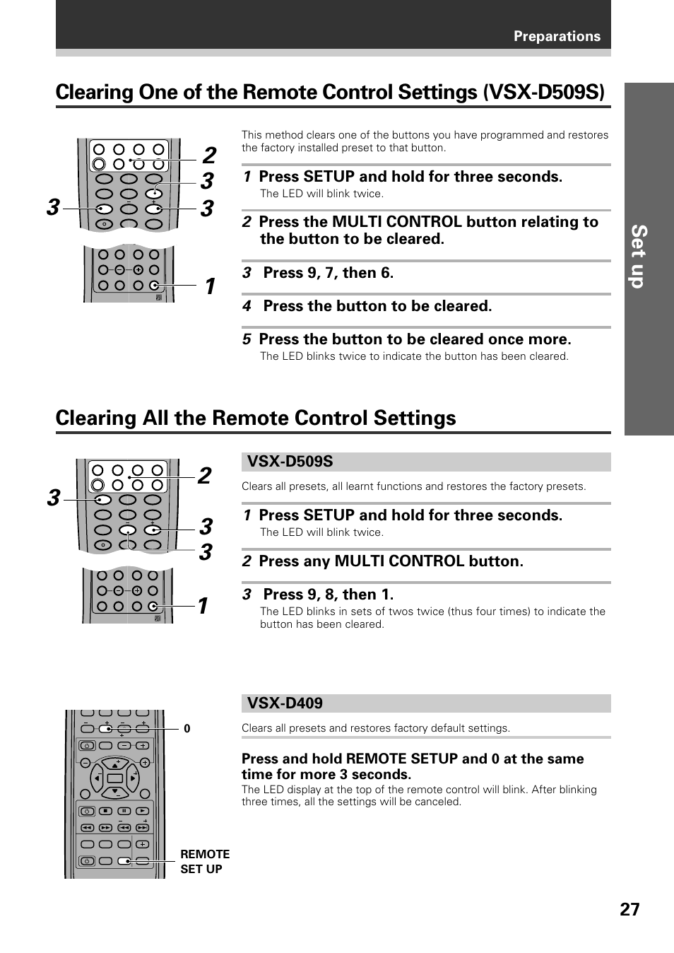 Set up, Clearing all the remote control settings, Vsx-d509s | 1 press setup and hold for three seconds, Vsx-d409, Preparations, 0remote set up, The led will blink twice | Pioneer VSX-D509S User Manual | Page 27 / 60