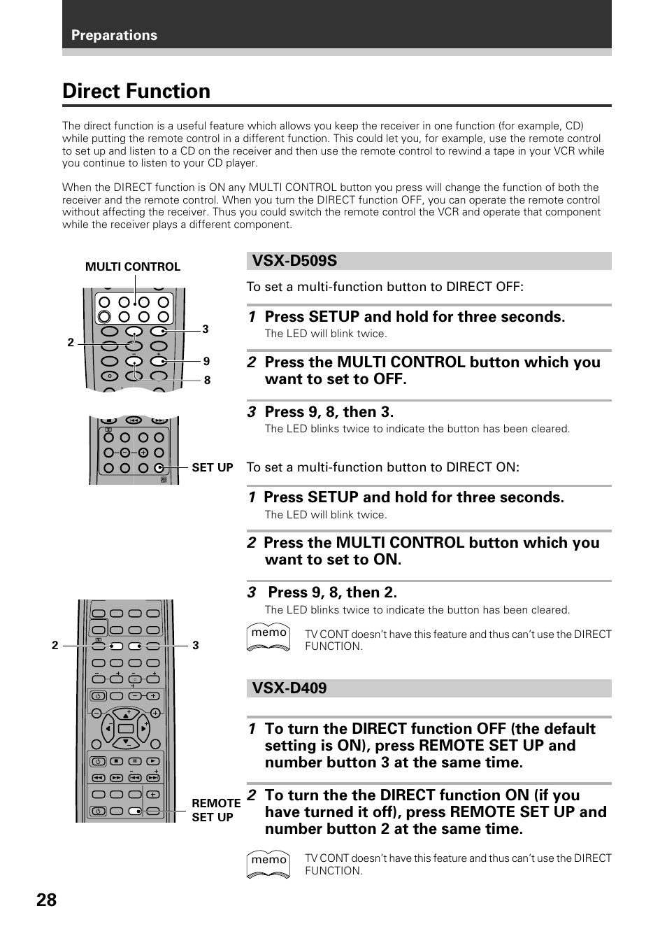 Direct function, Vsx-d509s, 1 press setup and hold for three seconds | Preparations, 3remote set up 2, The led will blink twice | Pioneer VSX-D509S User Manual | Page 28 / 60