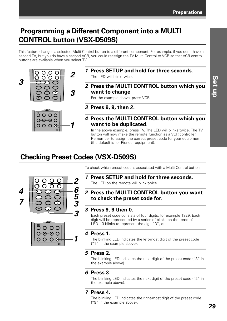 Set up, Checking preset codes (vsx-d509s), 1 press setup and hold for three seconds | 4 press 1, 5 press 2, 6 press 3, 7 press 4, Preparations | Pioneer VSX-D509S User Manual | Page 29 / 60