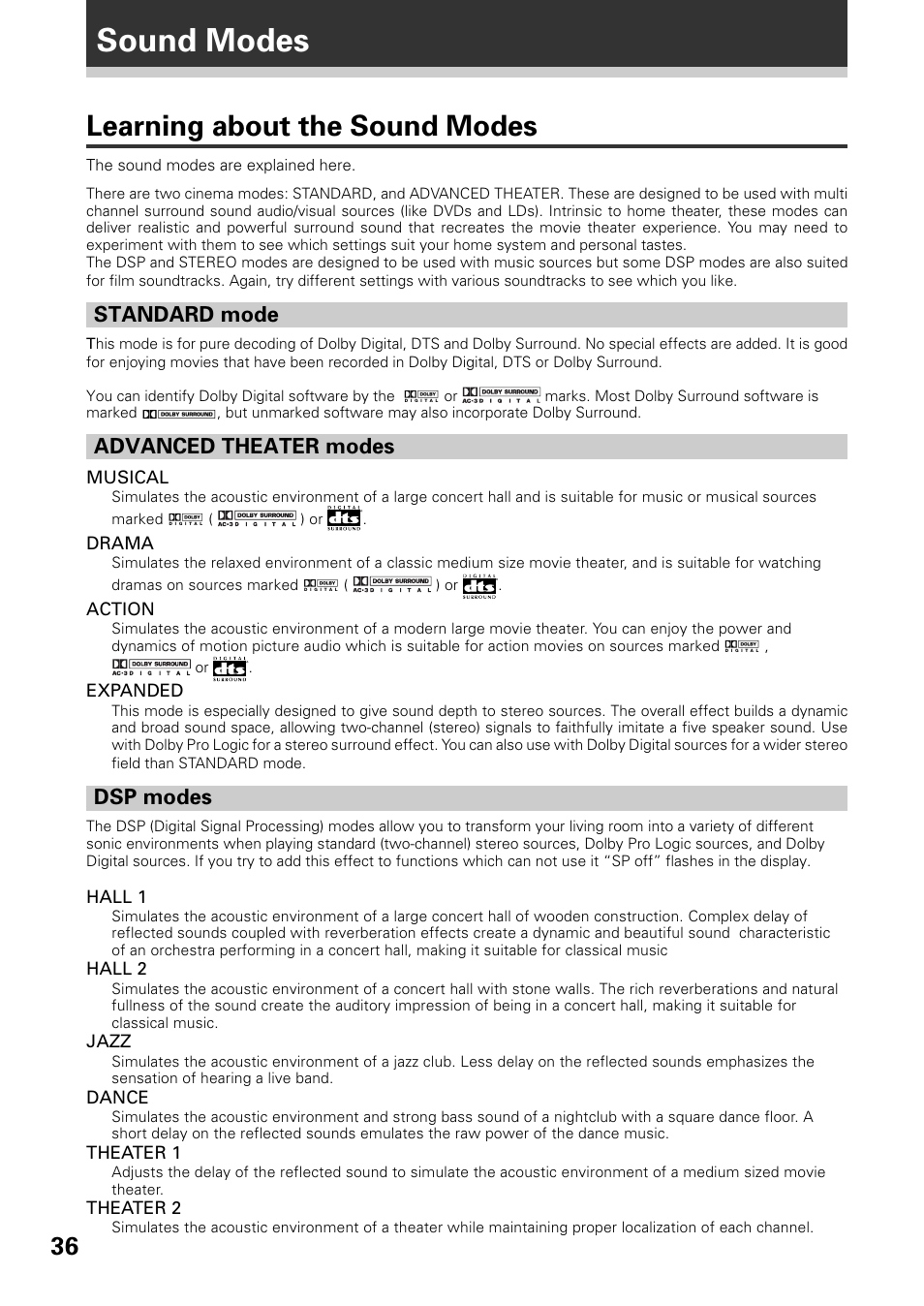 Sound modes, Learning about the sound modes, Standard mode | Advanced theater modes, Dsp modes | Pioneer VSX-D509S User Manual | Page 36 / 60