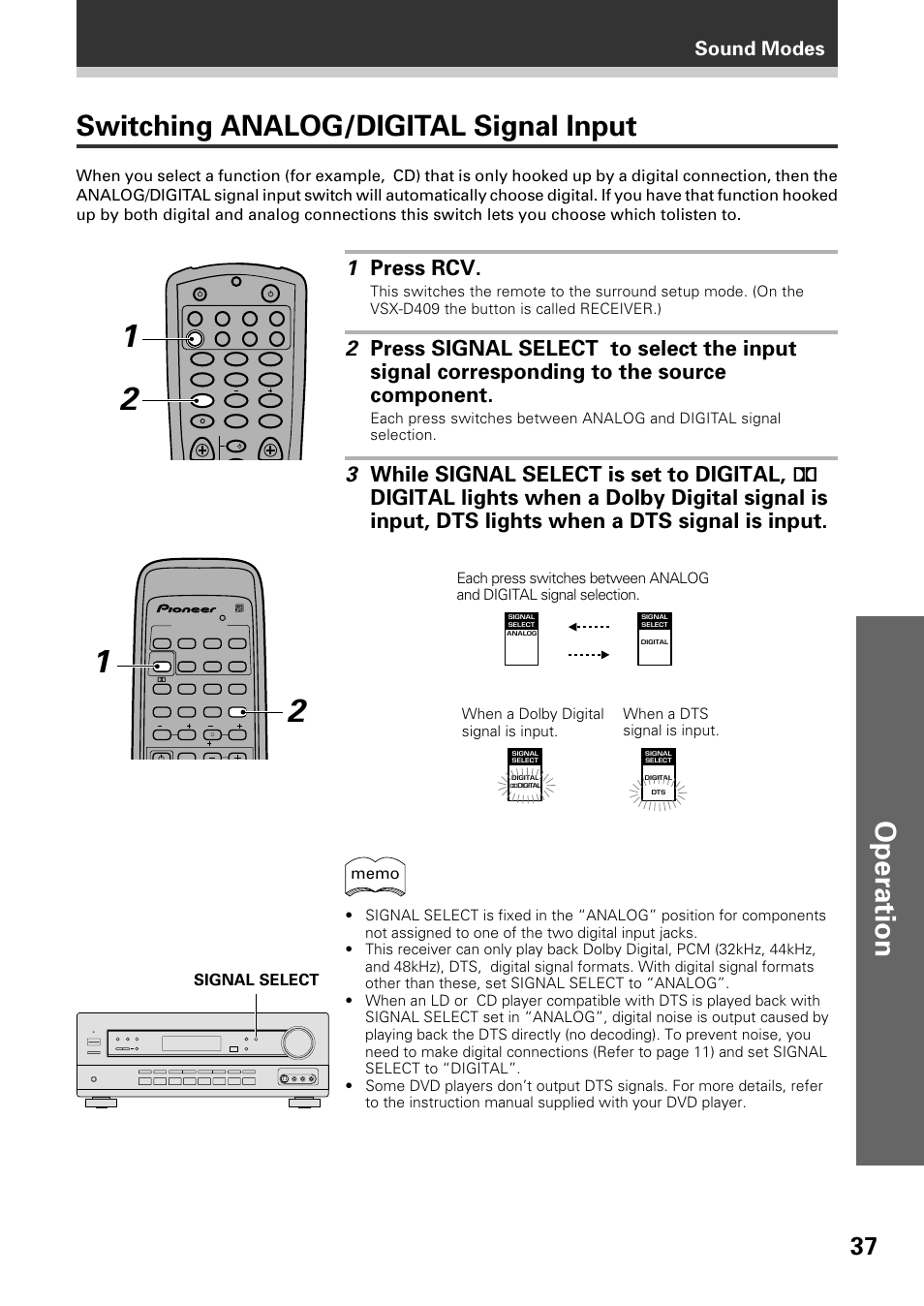 Switching analog/digital signal input, Operation switching analog/digital signal input, 1 press rcv | Sound modes | Pioneer VSX-D509S User Manual | Page 37 / 60