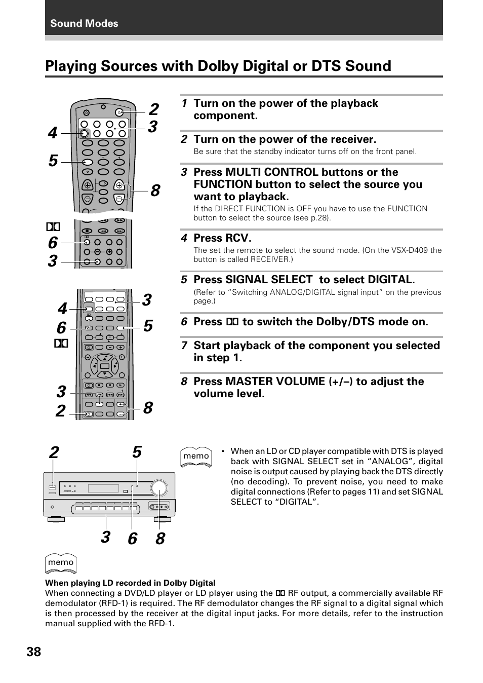 Playing sources with dolby digital or dts sound, 4 press rcv, 5 press signal select to select digital | Sound modes | Pioneer VSX-D509S User Manual | Page 38 / 60