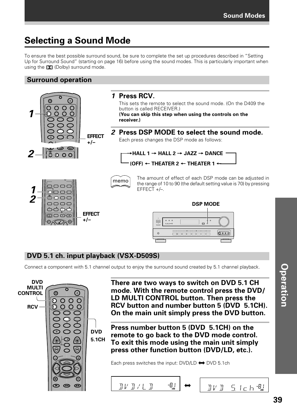 Selecting a sound mode, Operation, 1 press rcv | 2 press dsp mode to select the sound mode, Surround operation, Sound m, Sound modes, Dsp mode, Effect, Dvd 5.1ch dvd multi control rcv | Pioneer VSX-D509S User Manual | Page 39 / 60