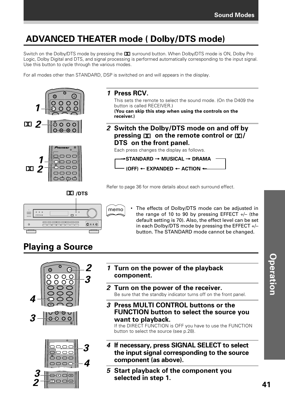 Operation, Advanced theater mode ( dolby/dts mode), Playing a source | 1 press rcv, Sound modes, Switch on the dolby/dts mode by pressing the | Pioneer VSX-D509S User Manual | Page 41 / 60