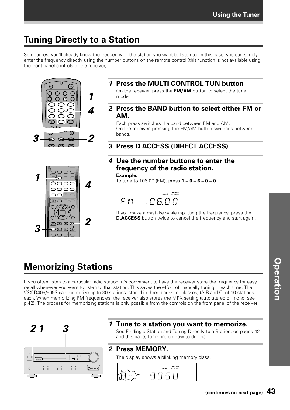 Tuning directly to a station memorizing stations, Tuning directly to a station, 1 press the multi control tun button | 2 press the band button to select either fm or am, Using the tuner, Continues on next page) | Pioneer VSX-D509S User Manual | Page 43 / 60