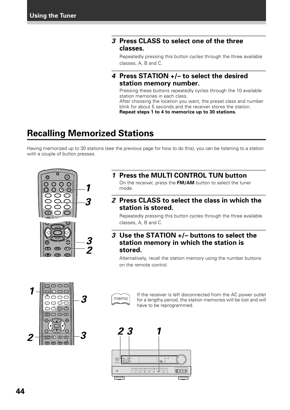 Recalling memorized stations, 3 press class to select one of the three classes, 1 press the multi control tun button | Using the tuner | Pioneer VSX-D509S User Manual | Page 44 / 60