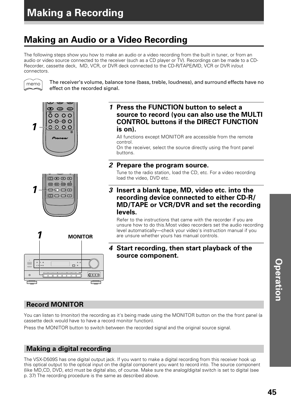 Making a recording, Making an audio or a video recording, Operation | Record monitor, 2 prepare the program source, Making a digital recording | Pioneer VSX-D509S User Manual | Page 45 / 60