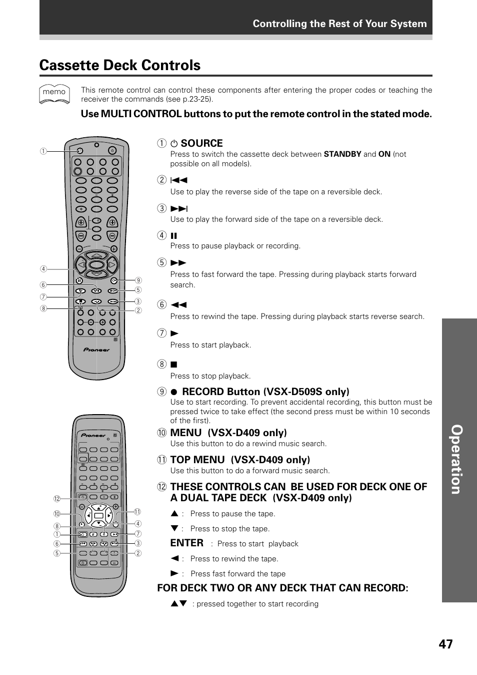 Cassette deck controls, Operation, Controlling the rest of your system | 1source, 9¶ record button (vsx-d509s only), 0 menu (vsx-d409 only), Top menu (vsx-d409 only), Enter, For deck two or any deck that can record: 5, Press to pause playback or recording | Pioneer VSX-D509S User Manual | Page 47 / 60