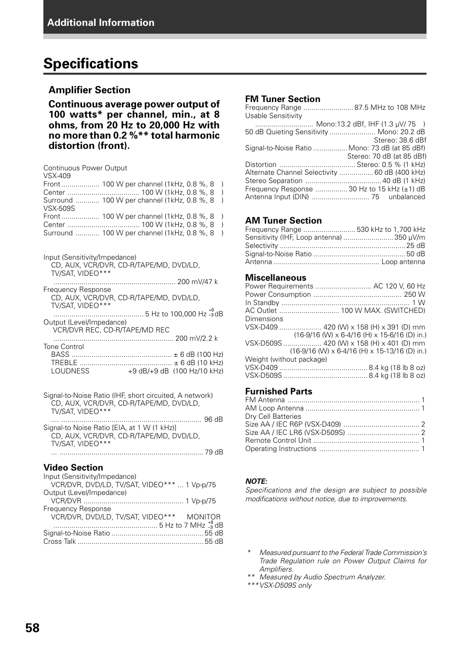 Specifications, Additional information | Pioneer VSX-D509S User Manual | Page 58 / 60