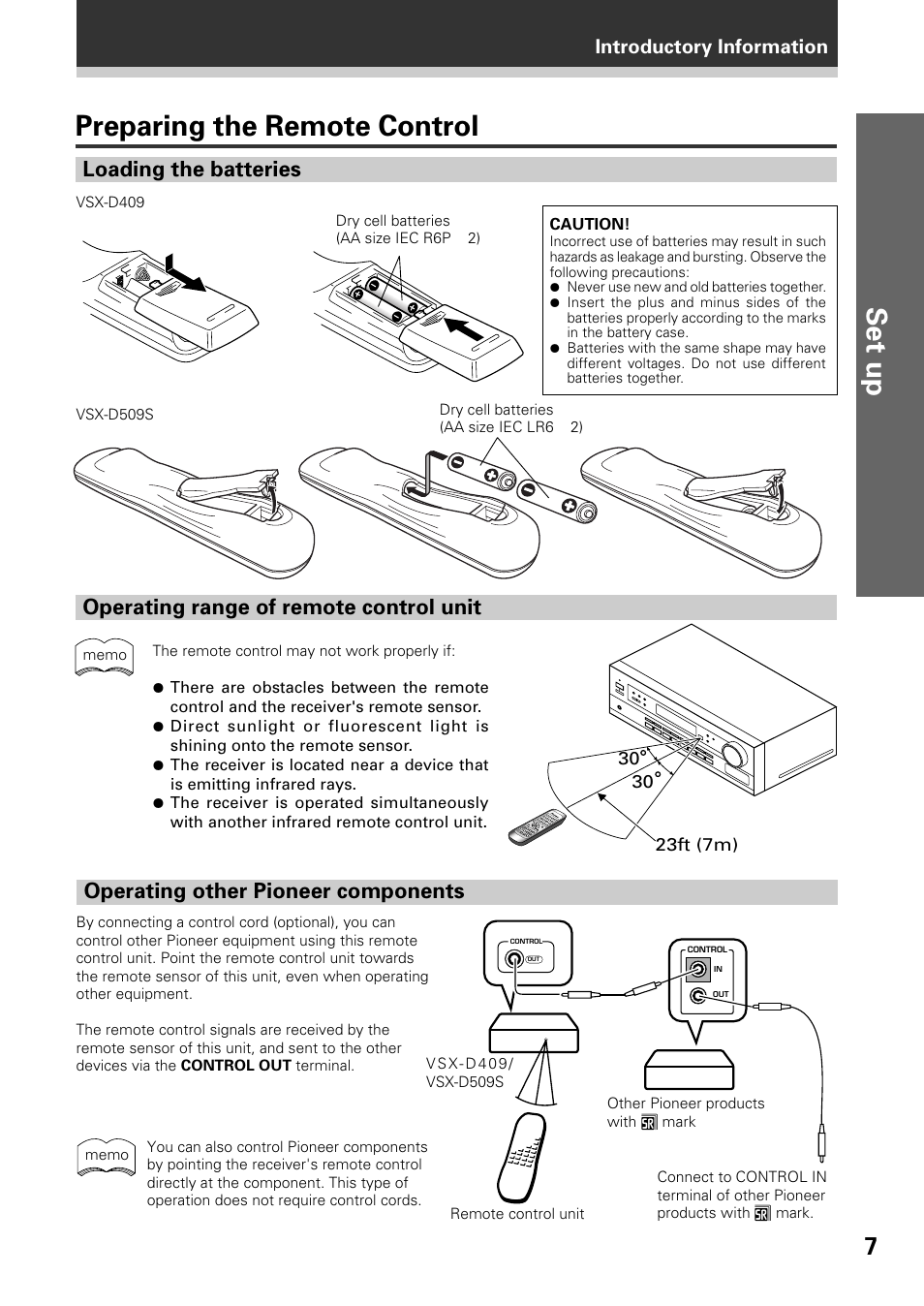 Preparing the remote control, Set up, Operating range of remote control unit | Loading the batteries, Operating other pioneer components, Introductory information | Pioneer VSX-D509S User Manual | Page 7 / 60