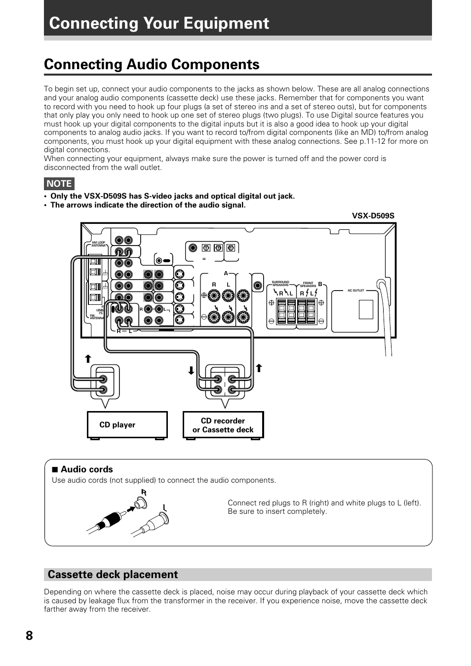 Connecting your equipment, Connecting audio components, Cassette deck placement | 7 audio cords, Vsx-d509s | Pioneer VSX-D509S User Manual | Page 8 / 60