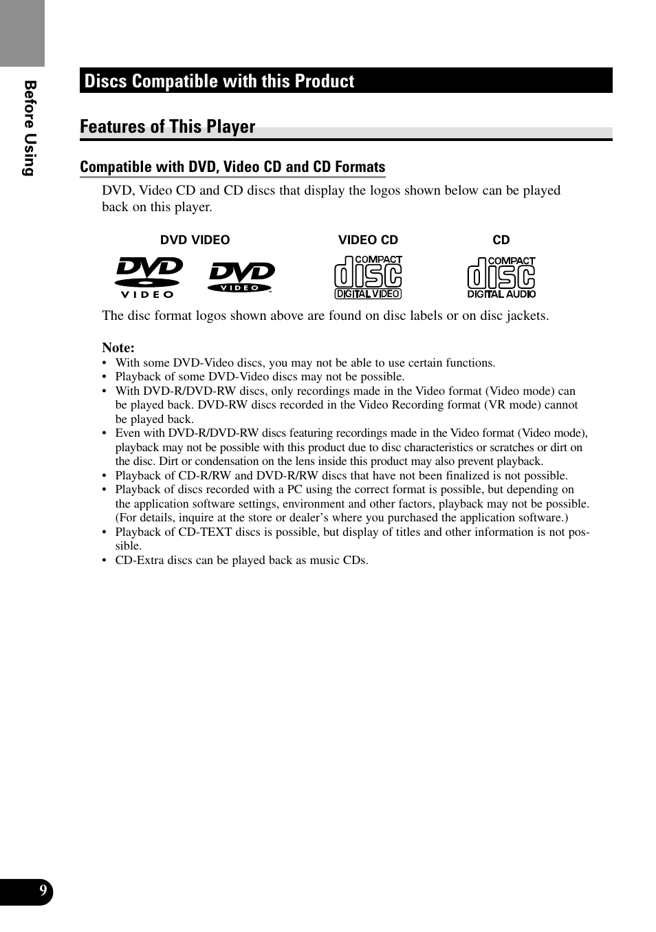 Be sure to read this, Discs compatible with this product, Features of this player | What the marks on dvds indicate, Disc organization | Pioneer XDV-P9II User Manual | Page 10 / 80