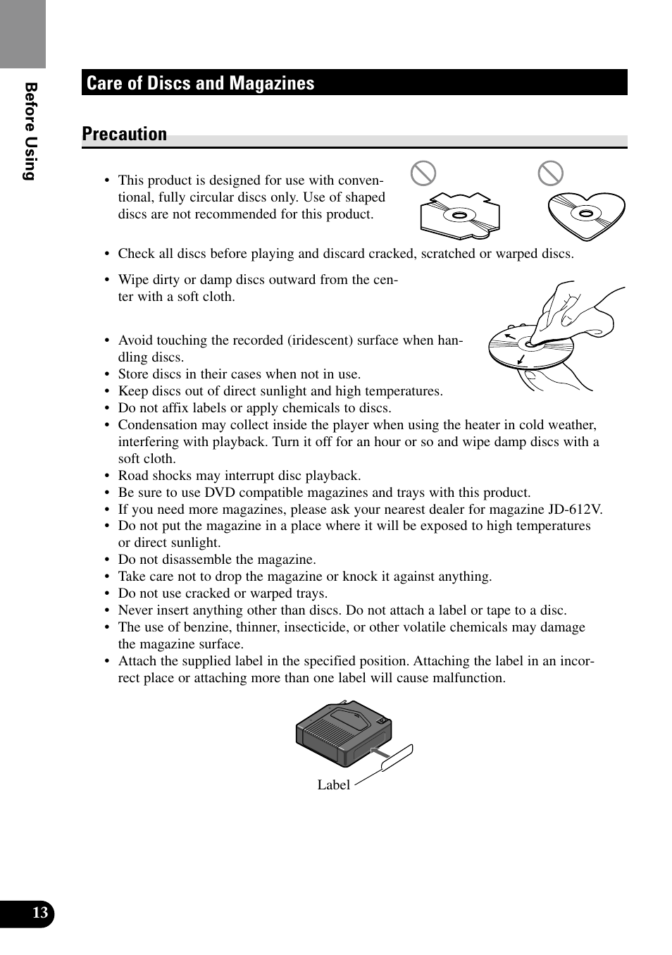 Care of discs and magazines, Precaution, Care of discs and magazines precaution | Pioneer XDV-P9II User Manual | Page 14 / 80
