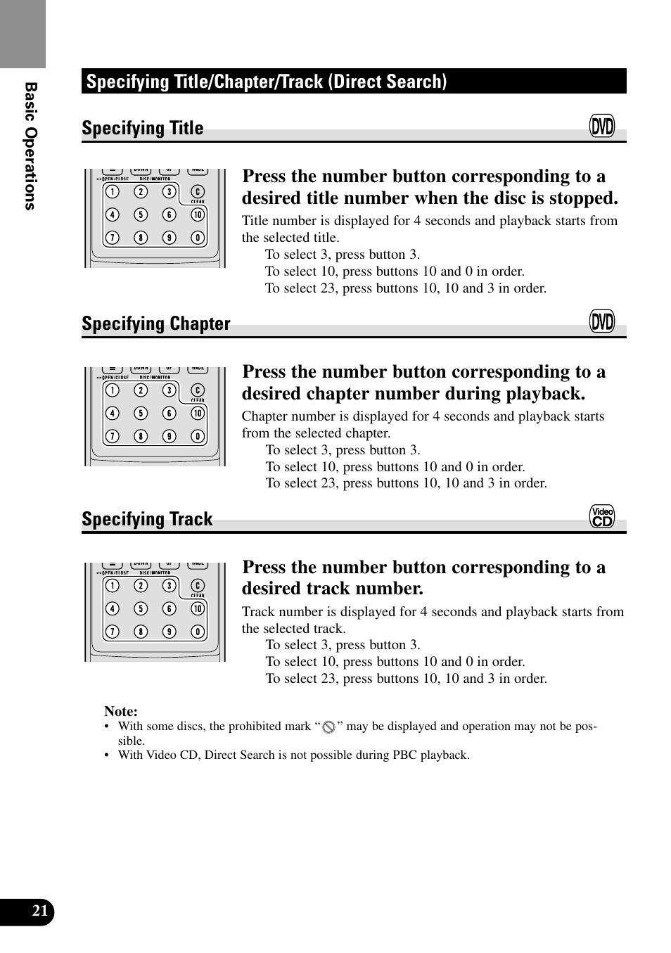 Specifying title/chapter/track, Direct search), Specifying title | Specifying chapter, Specifying track | Pioneer XDV-P9II User Manual | Page 22 / 80