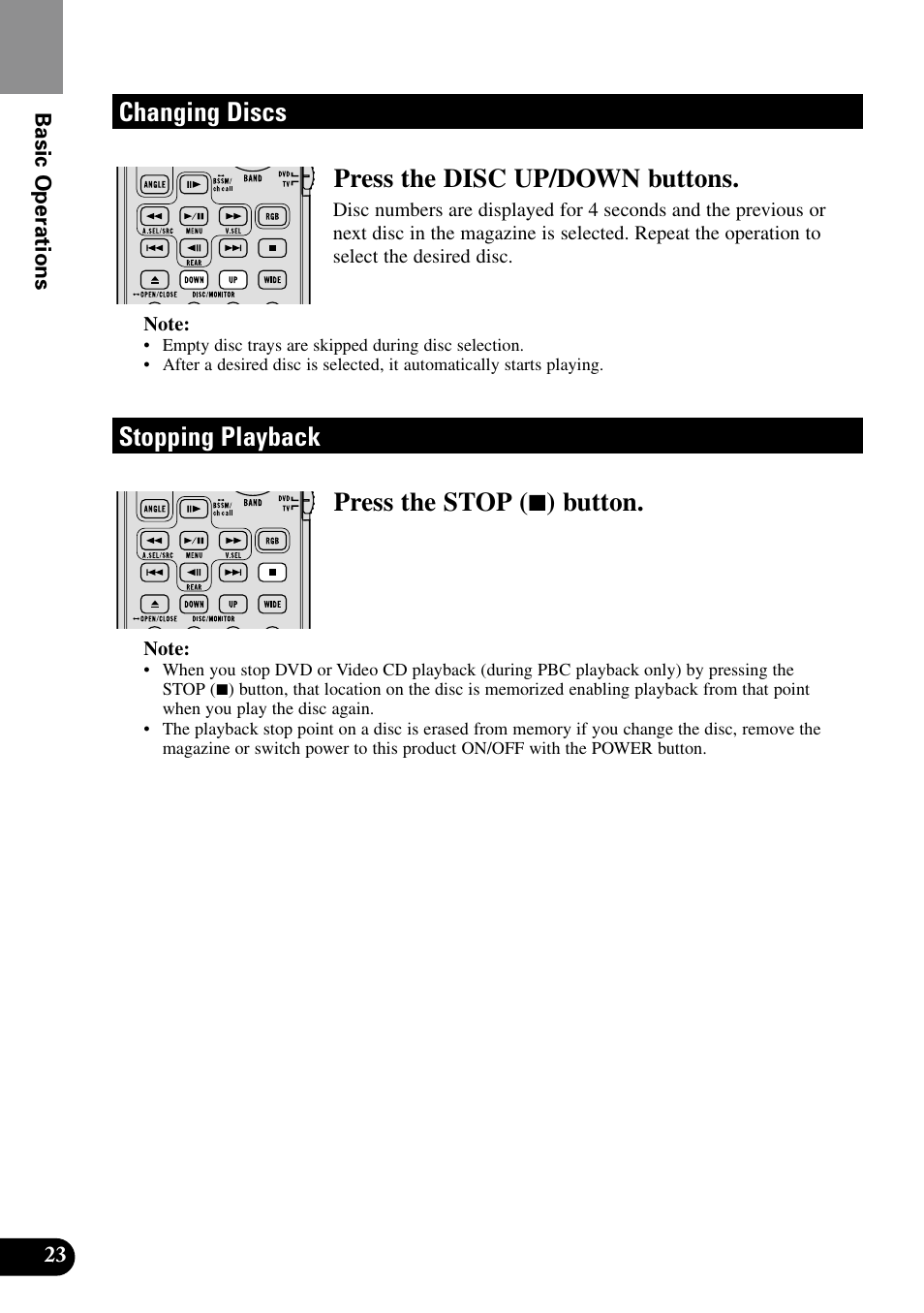 Changing discs stopping playback, Changing discs press the disc up/down buttons, Stopping playback press the stop ( 7 ) button | Pioneer XDV-P9II User Manual | Page 24 / 80