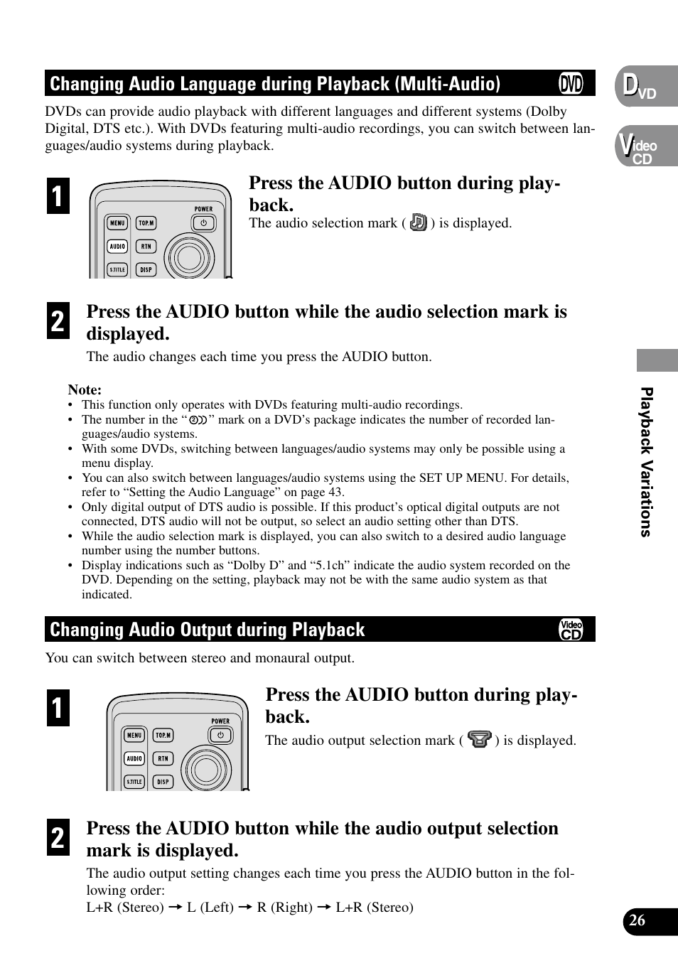 Changing audio language, During playback (multi-audio), Changing audio output | During playback, Press the audio button during play- back, Changing audio output during playback | Pioneer XDV-P9II User Manual | Page 27 / 80