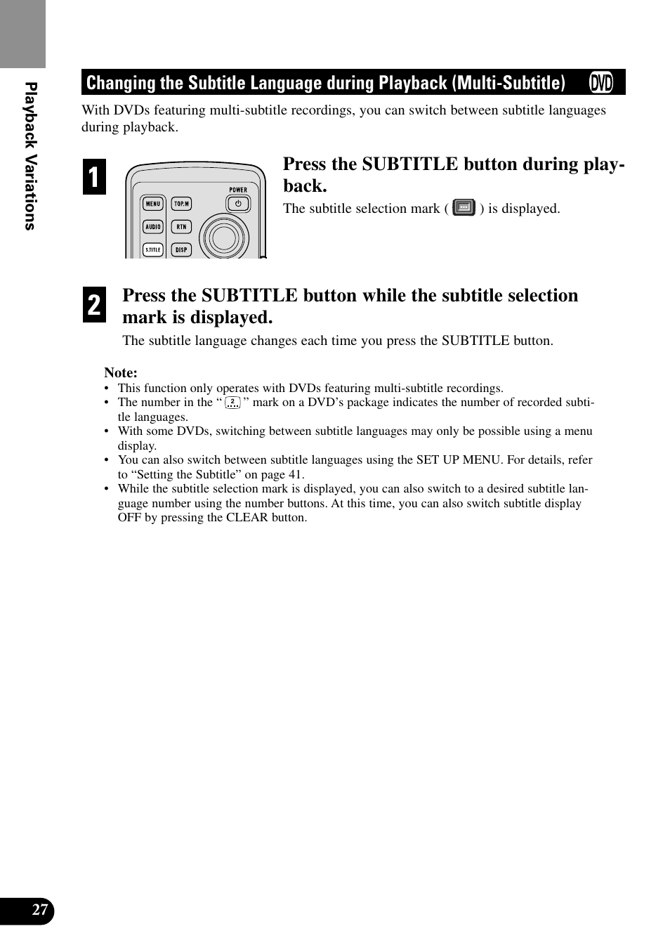 Changing the subtitle language, During playback (multi-subtitle), Press the subtitle button during play- back | Pioneer XDV-P9II User Manual | Page 28 / 80