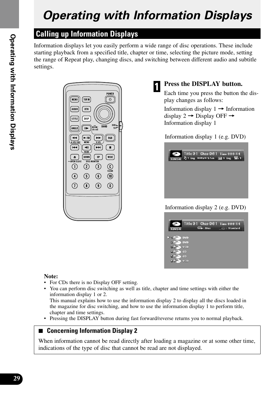 Operating with, Information displays, Calling up information displays | Operating with information displays | Pioneer XDV-P9II User Manual | Page 30 / 80