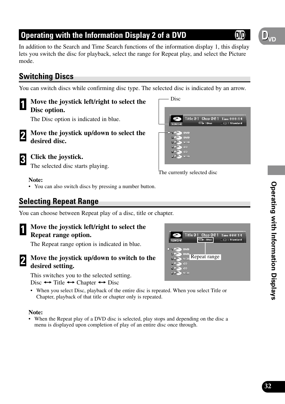 Operating with the information, Display 2 of a dvd, Switching discs | Selecting repeat range, Selecting the picture mode, Operating with the information display 2 of a dvd | Pioneer XDV-P9II User Manual | Page 33 / 80