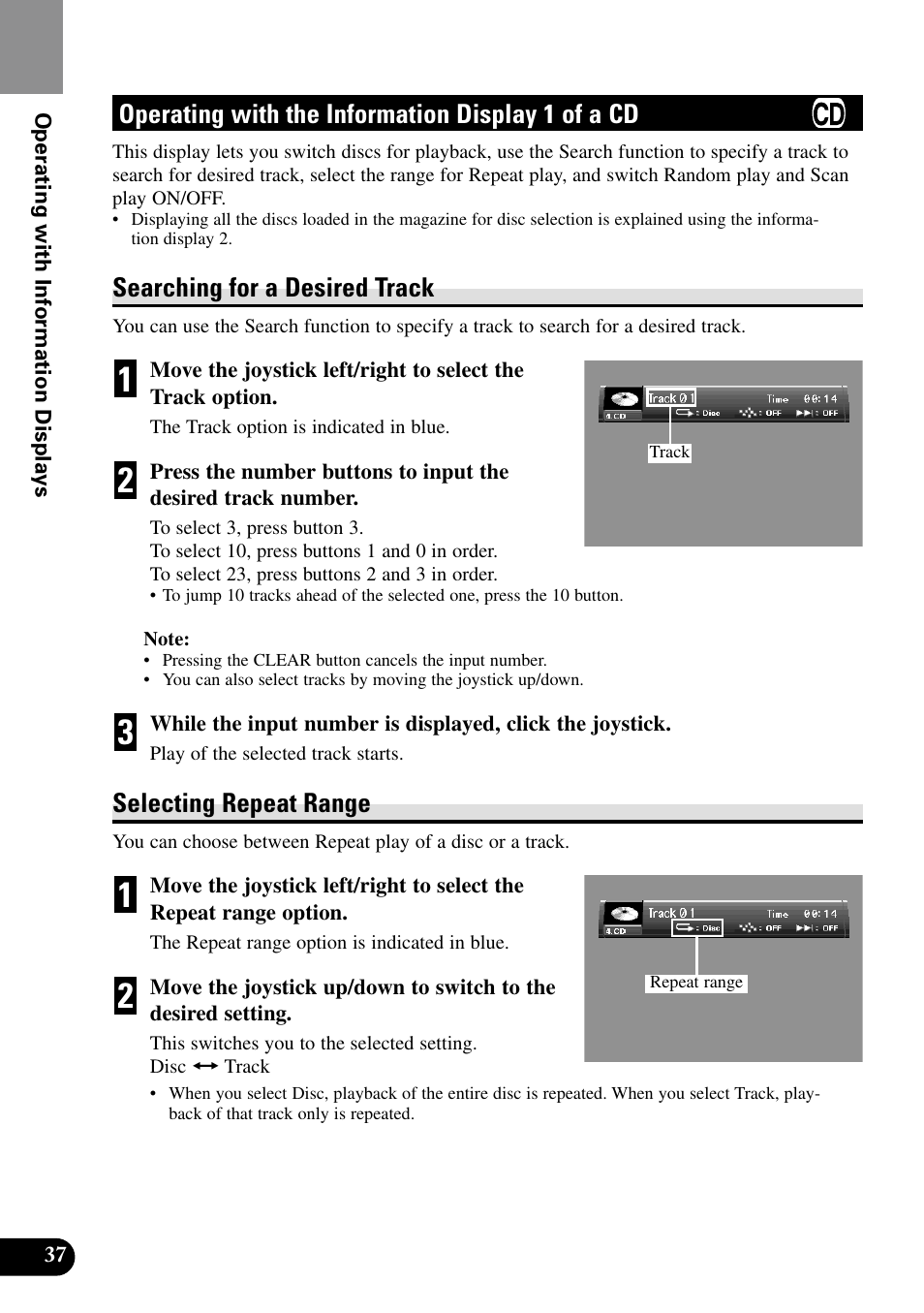 Operating with the information, Display 1 of a cd, Searching for a desired track | Selecting repeat range, Setting random play, Setting scan play, Operating with the information display 1 of a cd | Pioneer XDV-P9II User Manual | Page 38 / 80