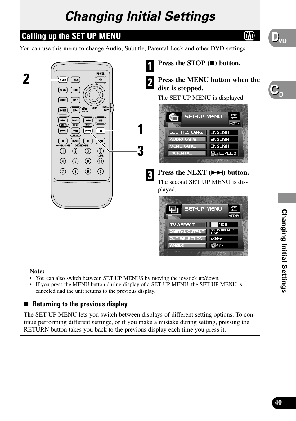 Changing initial settings, Calling up the set up menu, Cchanging initial settings | Pioneer XDV-P9II User Manual | Page 41 / 80