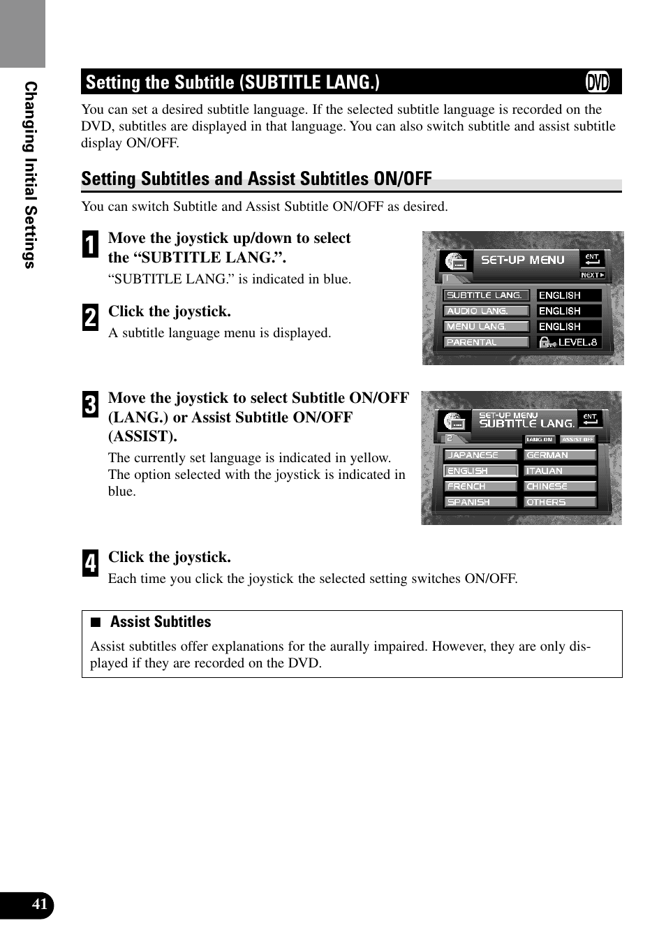 Setting the subtitle, Subtitle lang.), Setting subtitles and assist subtitles on/off | Setting the subtitle language | Pioneer XDV-P9II User Manual | Page 42 / 80