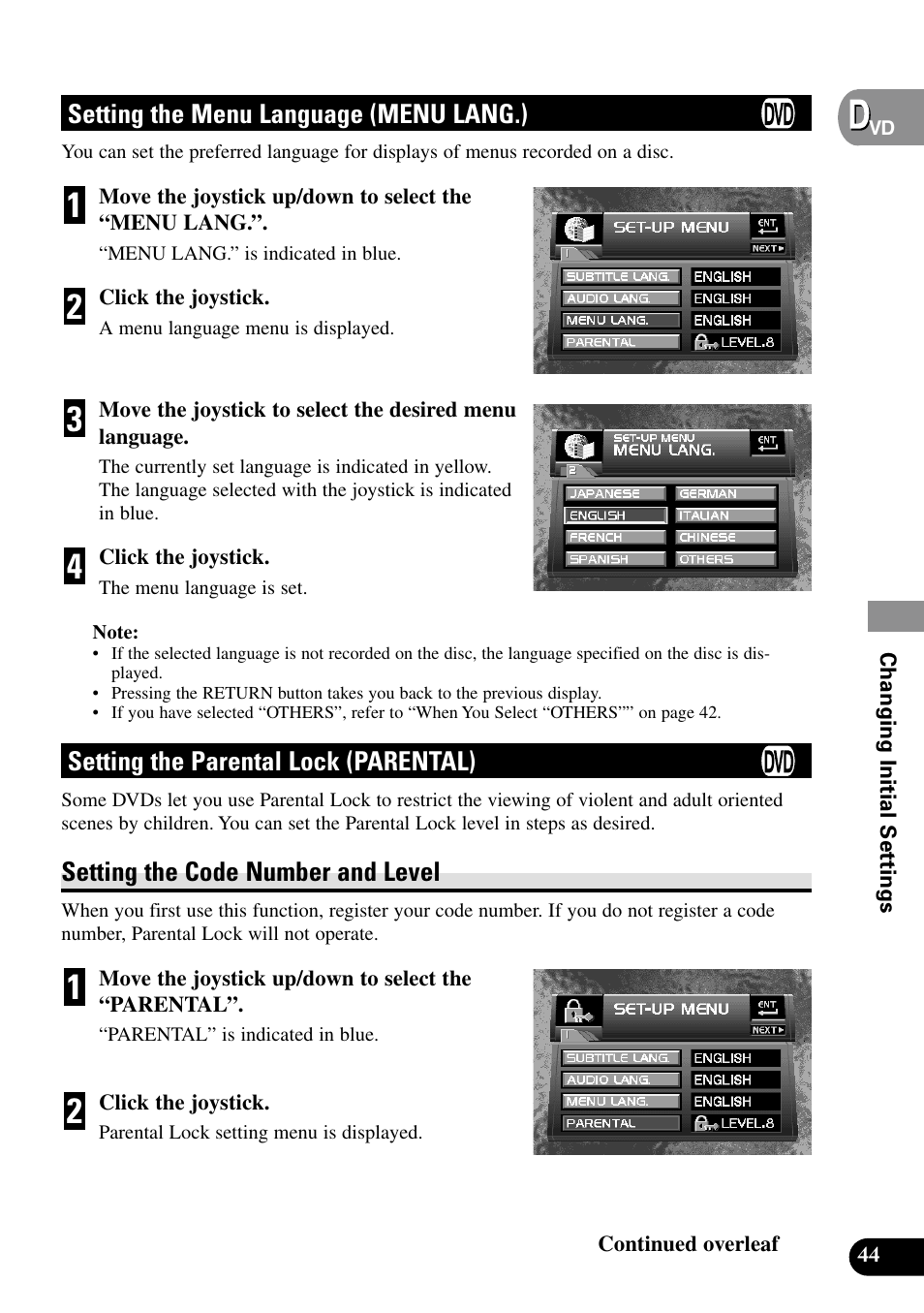 Setting the menu language, Menu lang.), Setting the parental lock (parental) | Setting the code number and level, Changing the level | Pioneer XDV-P9II User Manual | Page 45 / 80