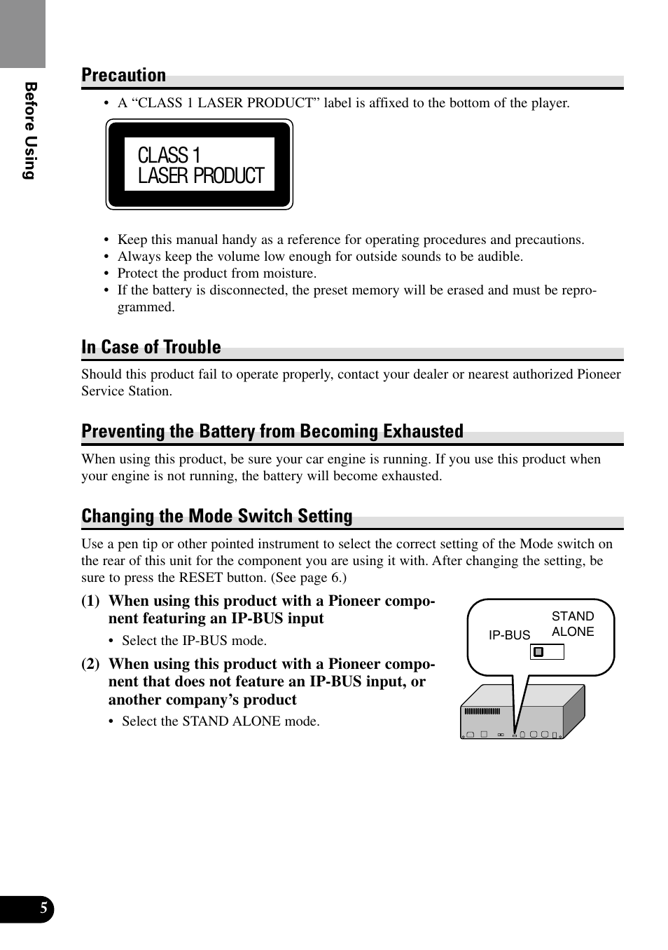 Class 1 laser product, Precaution, Preventing the battery from becoming exhausted | Changing the mode switch setting | Pioneer XDV-P9II User Manual | Page 6 / 80