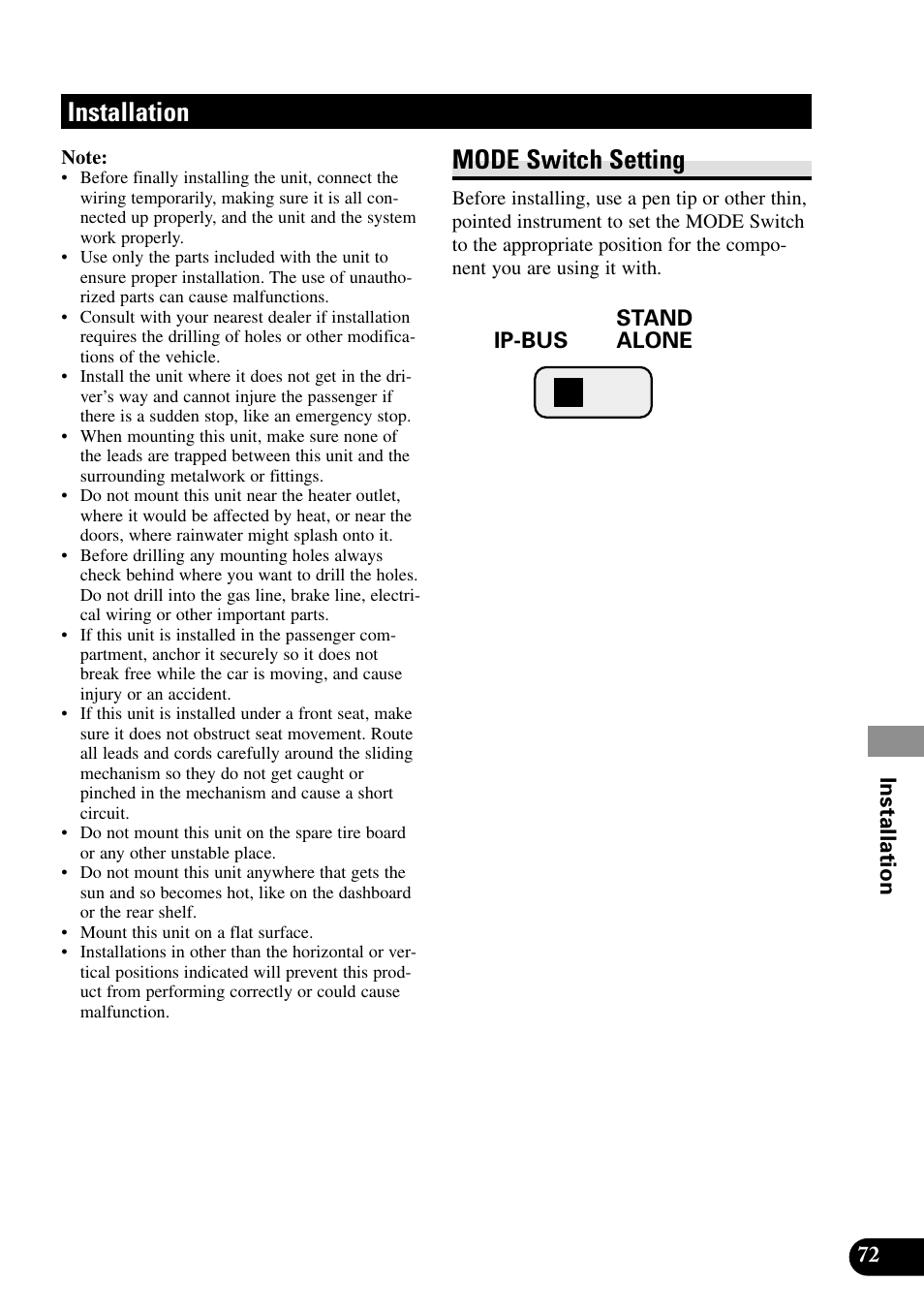 Installation, Mode switch setting, Installing the dvd player unit | Pioneer XDV-P9II User Manual | Page 73 / 80