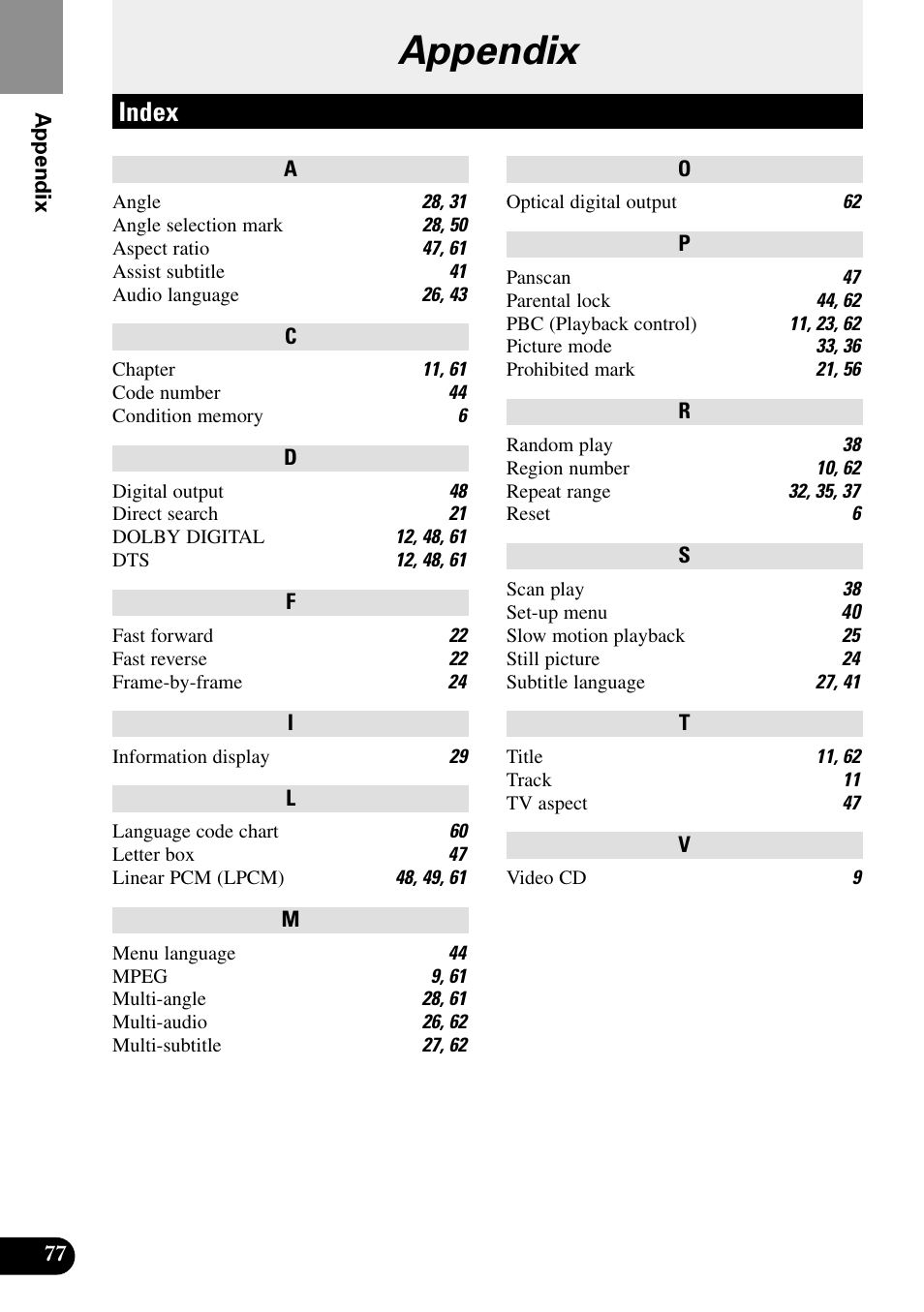 Appendix, Index | Pioneer XDV-P9II User Manual | Page 78 / 80