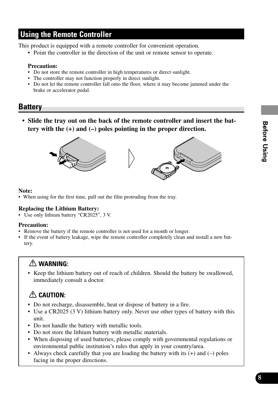 Using the remote controller, Battery | Pioneer XDV-P9II User Manual | Page 9 / 80