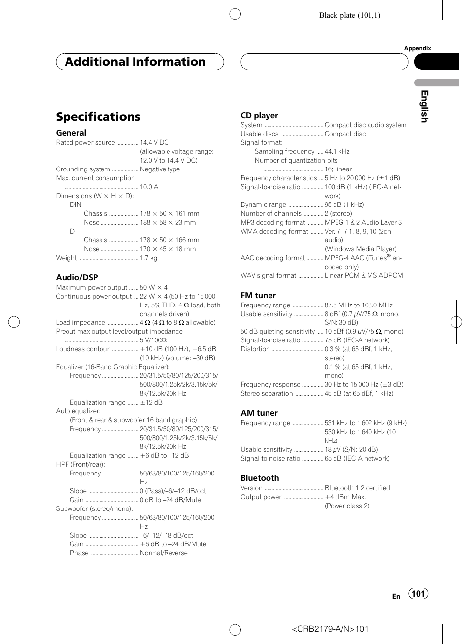 Specifications, Additional information, English | Pioneer Super Tuner III D DEH-P9850BT User Manual | Page 101 / 104