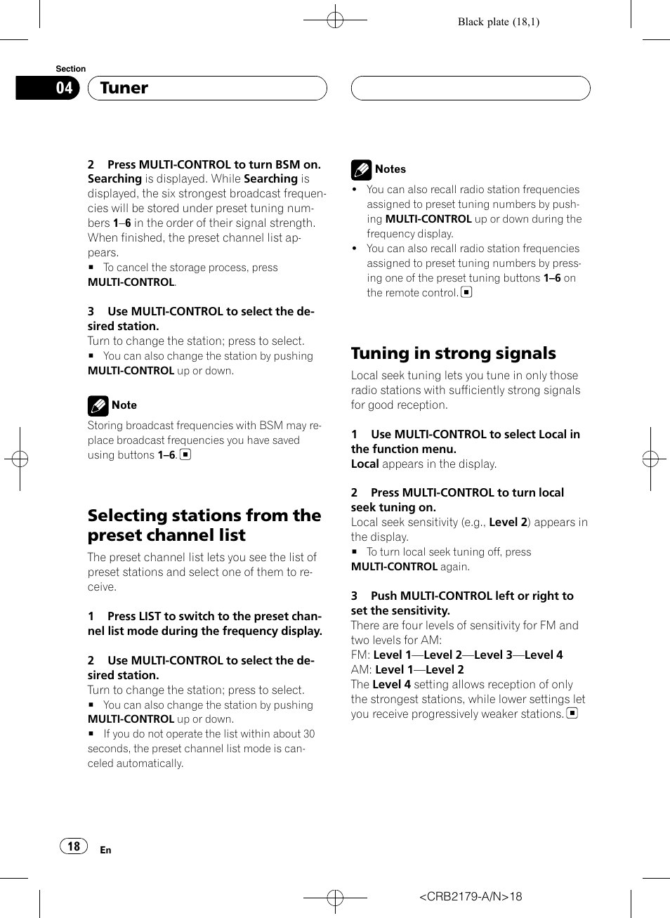 Selecting stations from the preset channel, List, Tuning in strong signals | Selecting stations from the preset channel list, Tuner | Pioneer Super Tuner III D DEH-P9850BT User Manual | Page 18 / 104
