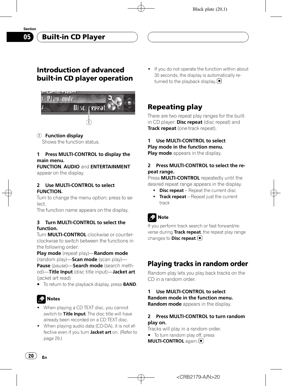 Introduction of advanced built-in cd player, Operation, Repeating play | Playing tracks in random order, Built-in cd player | Pioneer Super Tuner III D DEH-P9850BT User Manual | Page 20 / 104
