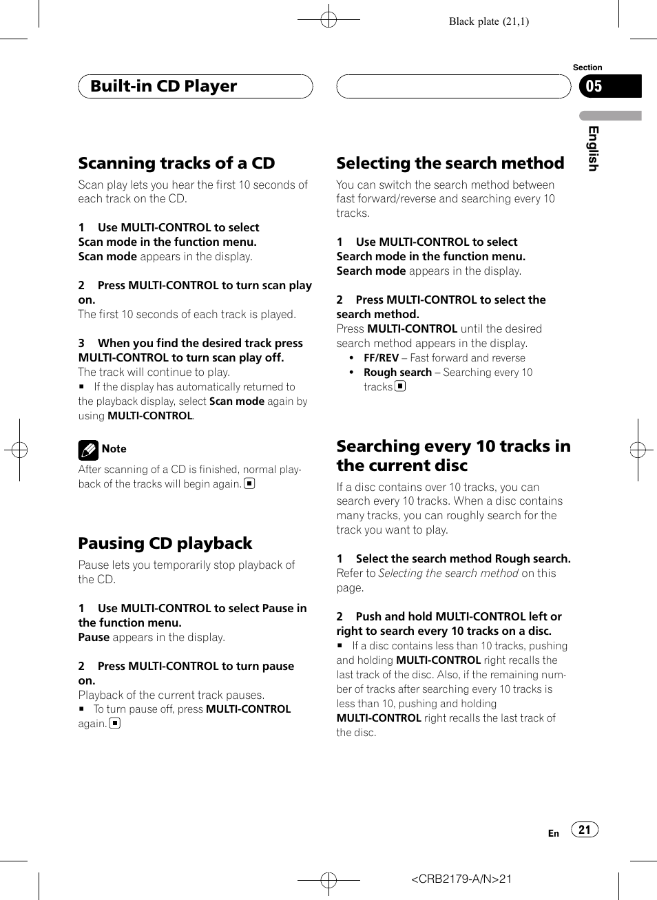 Scanning tracks of a cd, Pausing cd playback, Selecting the search method | Searching every 10 tracks in the current, Disc, Searching every 10 tracks in the current disc, Built-in cd player | Pioneer Super Tuner III D DEH-P9850BT User Manual | Page 21 / 104