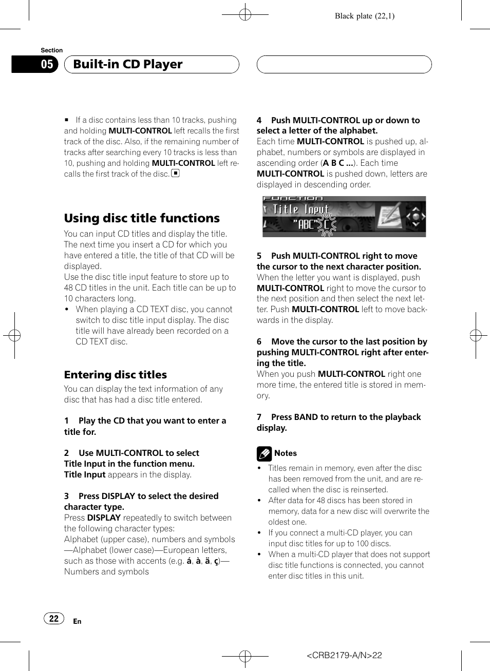 Using disc title functions, Entering disc titles 22, Built-in cd player | Entering disc titles | Pioneer Super Tuner III D DEH-P9850BT User Manual | Page 22 / 104