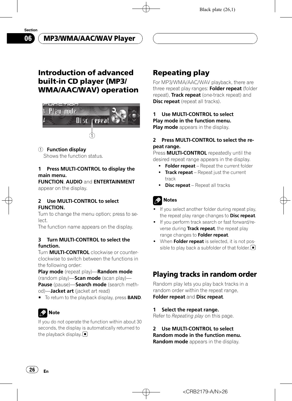 Introduction of advanced built-in cd player, Mp3/wma/aac/wav) operation, Repeating play | Playing tracks in random order, Mp3/wma/aac/wav player | Pioneer Super Tuner III D DEH-P9850BT User Manual | Page 26 / 104