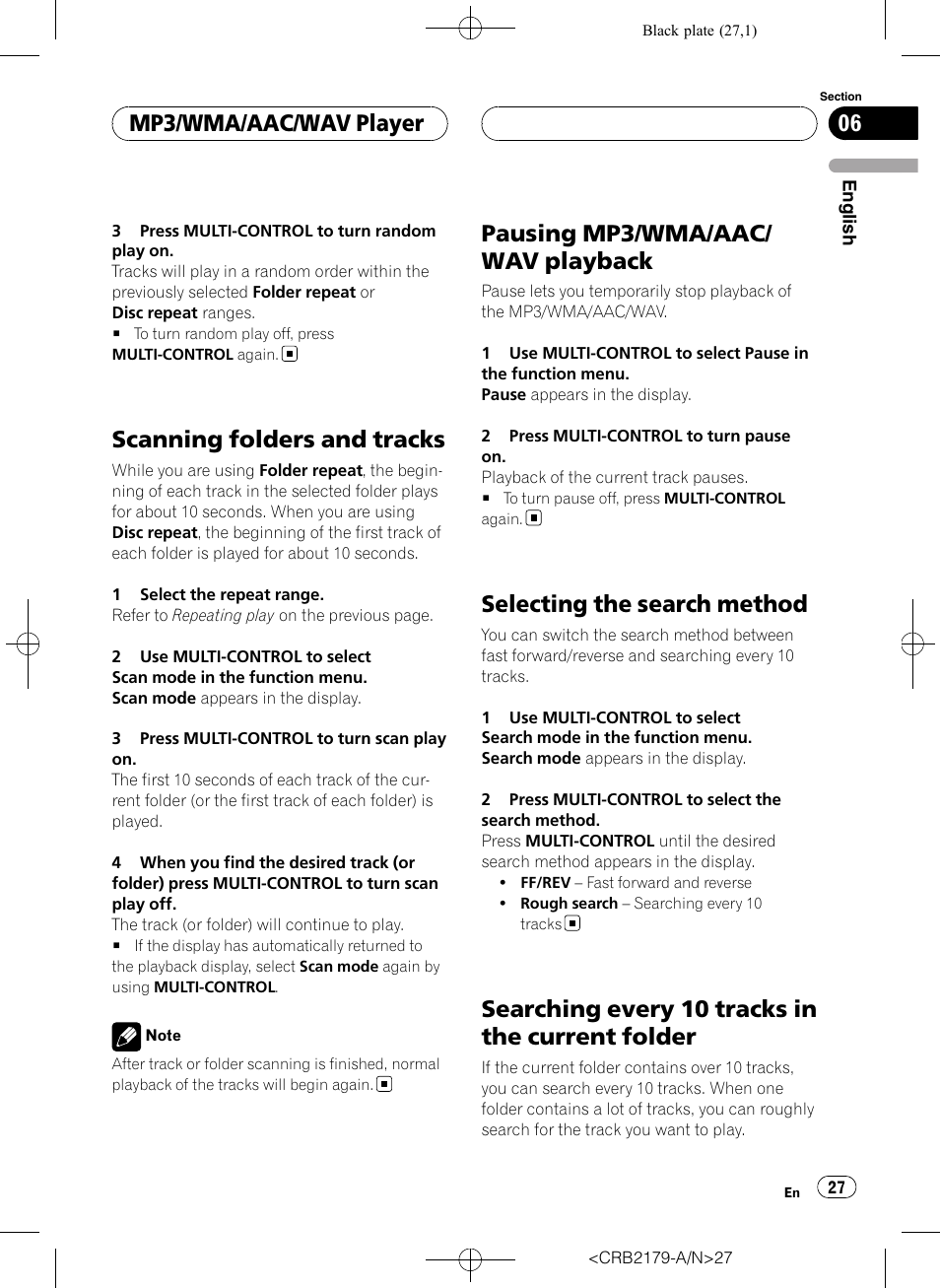 Scanning folders and tracks, Pausing mp3/wma/aac/wav playback, Selecting the search method | Searching every 10 tracks in the current, Folder, Pausing mp3/wma/aac/ wav playback, Searching every 10 tracks in the current folder, Mp3/wma/aac/wav player | Pioneer Super Tuner III D DEH-P9850BT User Manual | Page 27 / 104