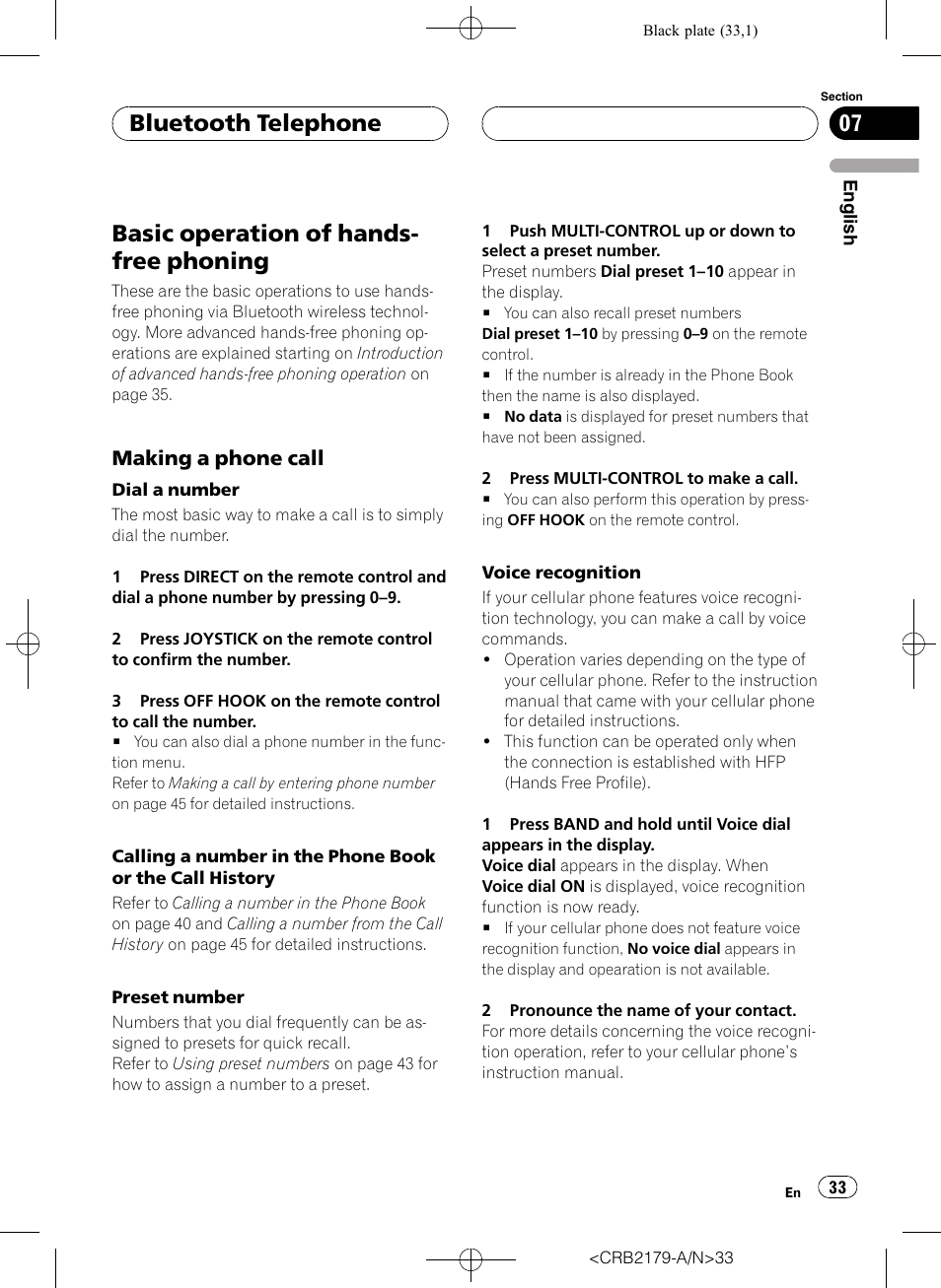 Basic operation of hands-free phoning, Making a phone call 33, Basic operation of hands- free phoning | Bluetooth telephone, Making a phone call | Pioneer Super Tuner III D DEH-P9850BT User Manual | Page 33 / 104