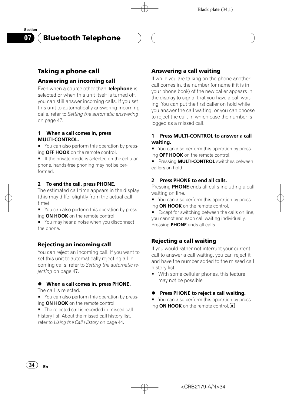 Taking a phone call 34, Bluetooth telephone, Taking a phone call | Pioneer Super Tuner III D DEH-P9850BT User Manual | Page 34 / 104