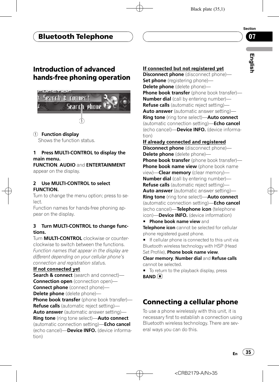 Introduction of advanced hands-free phoning, Operation, Connecting a cellular phone | Bluetooth telephone | Pioneer Super Tuner III D DEH-P9850BT User Manual | Page 35 / 104