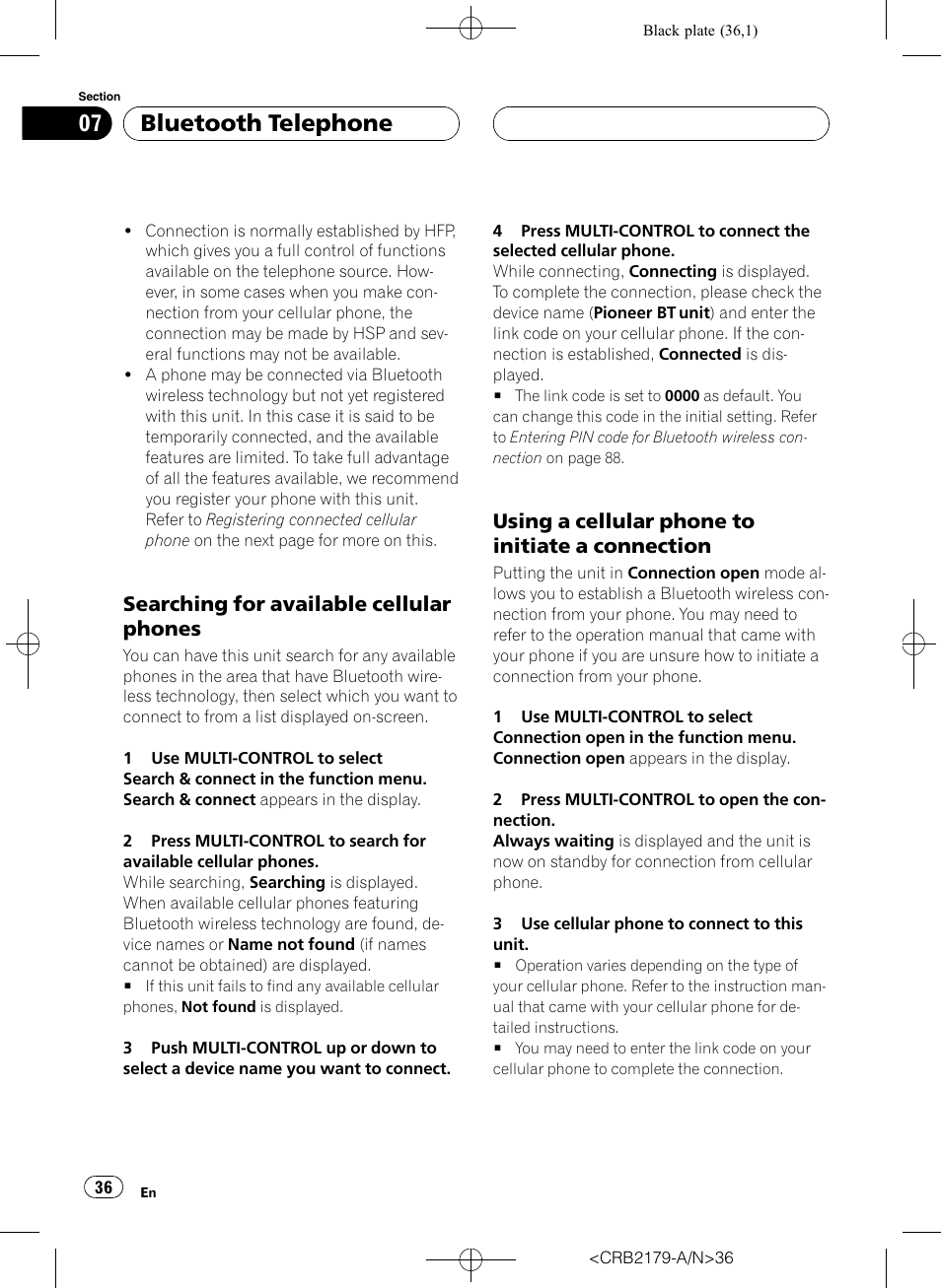Searching for available cellular, Phones, Using a cellular phone to initiate a | Connection, Bluetooth telephone, Searching for available cellular phones, Using a cellular phone to initiate a connection | Pioneer Super Tuner III D DEH-P9850BT User Manual | Page 36 / 104