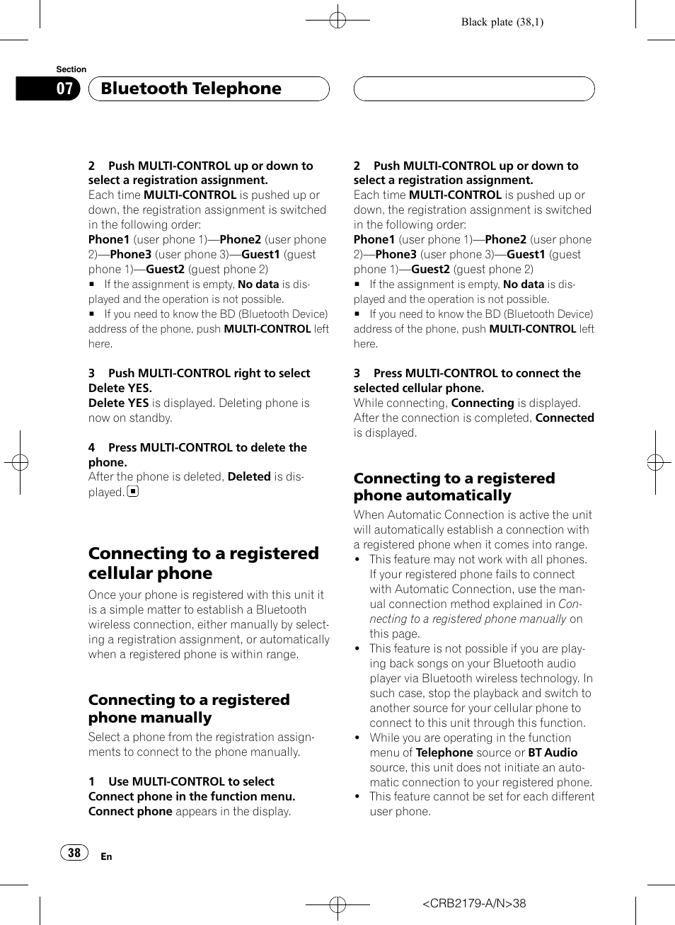 Connecting to a registered cellular, Phone, Connecting to a registered phone | Manually, Automatically, Connecting to a registered cellular phone, Bluetooth telephone, Connecting to a registered phone manually, Connecting to a registered phone automatically | Pioneer Super Tuner III D DEH-P9850BT User Manual | Page 38 / 104