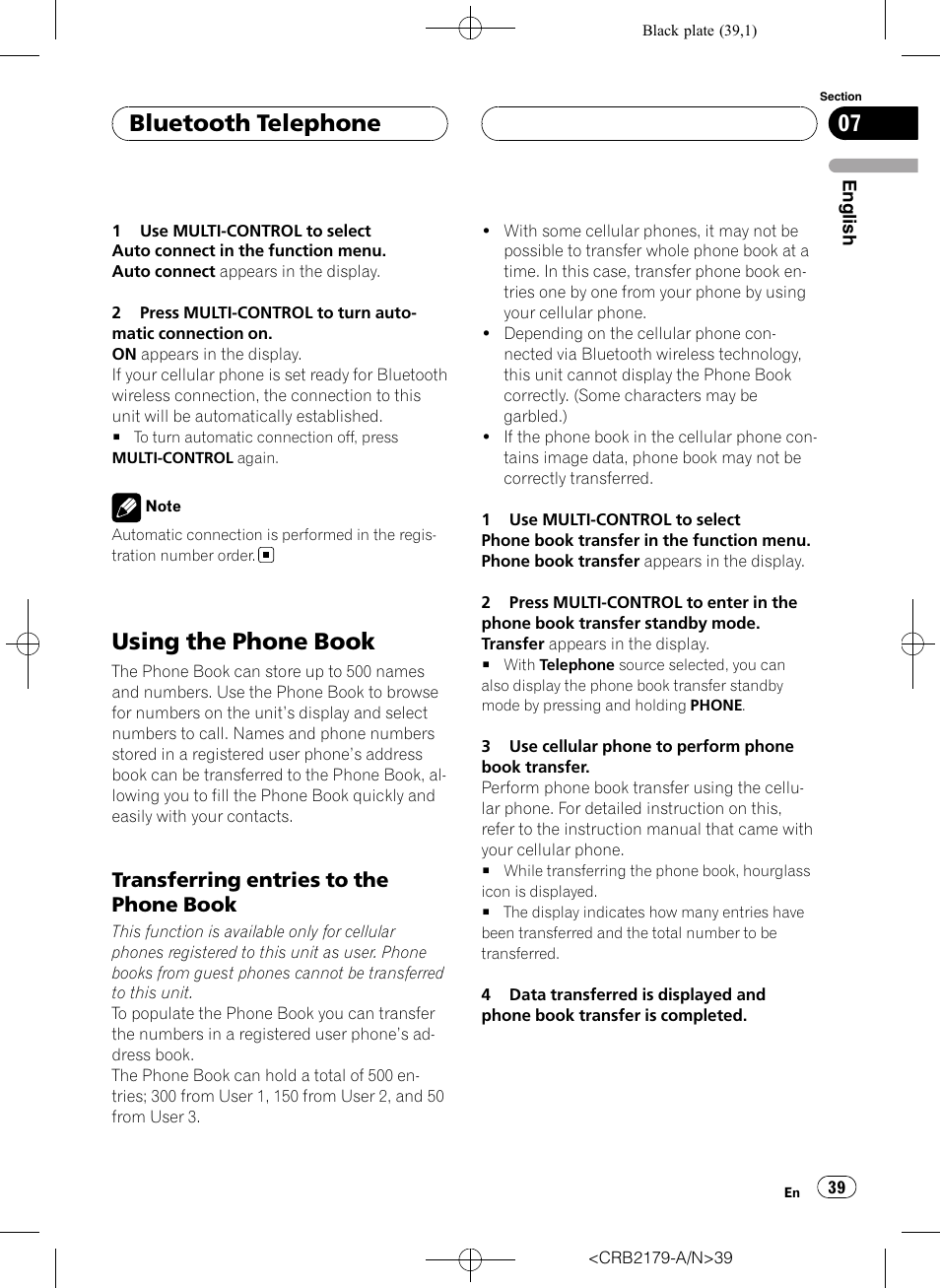 Using the phone book, Transferring entries to the phone, Book | Bluetooth telephone, Transferring entries to the phone book | Pioneer Super Tuner III D DEH-P9850BT User Manual | Page 39 / 104